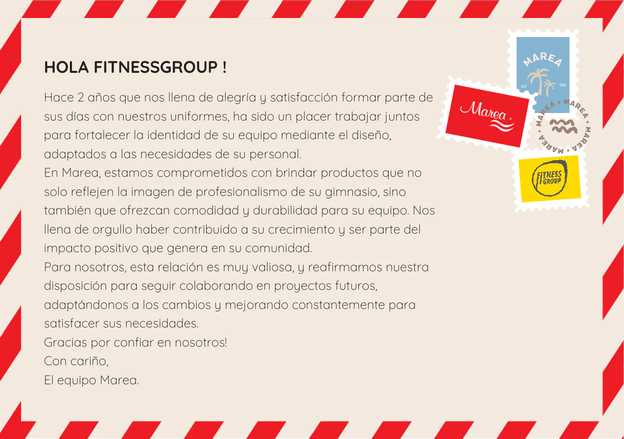 Marea — carta de agradecimiento al cliente FitnessGroup